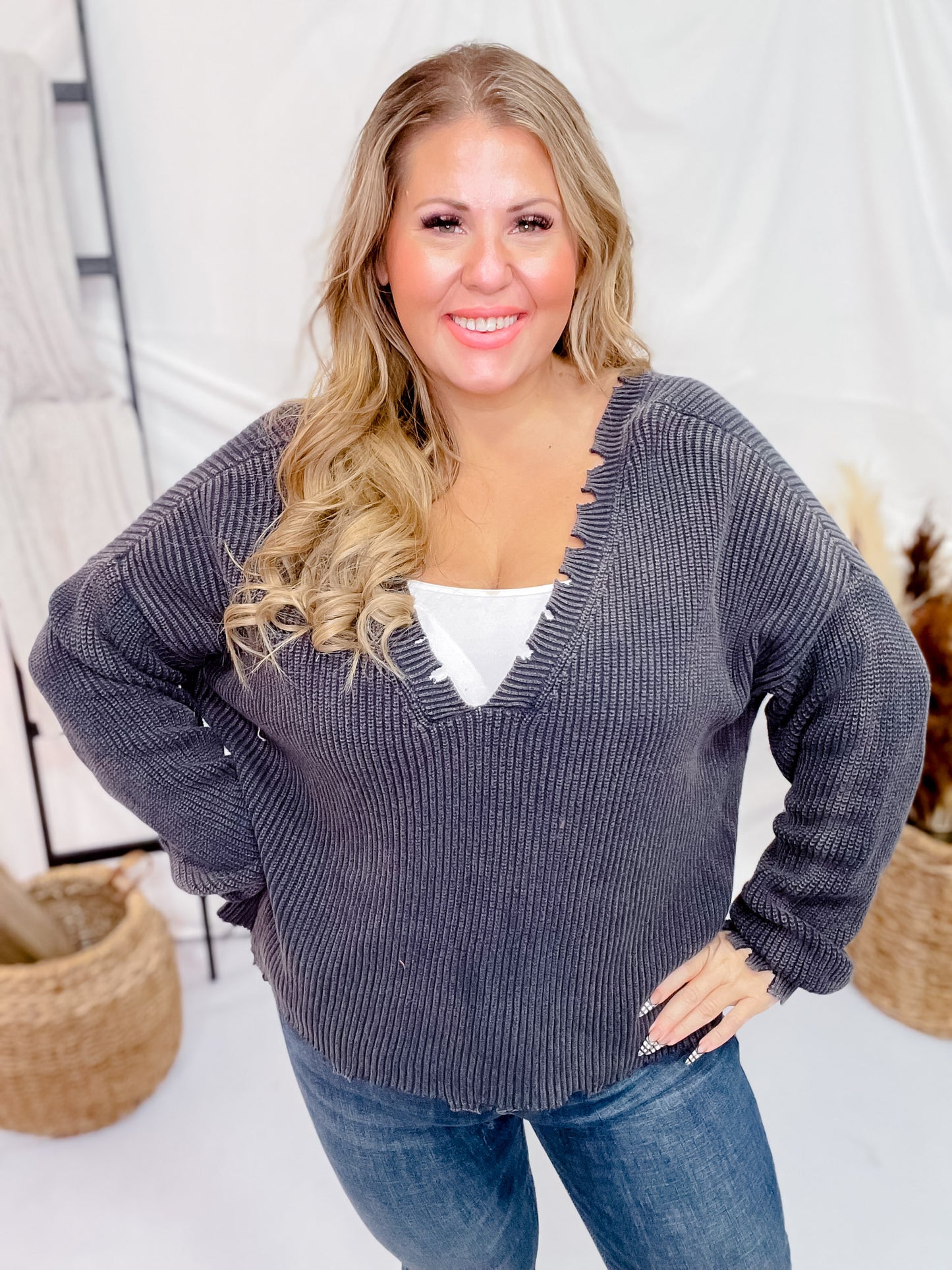 Black Long Sleeve Distressed Sweater