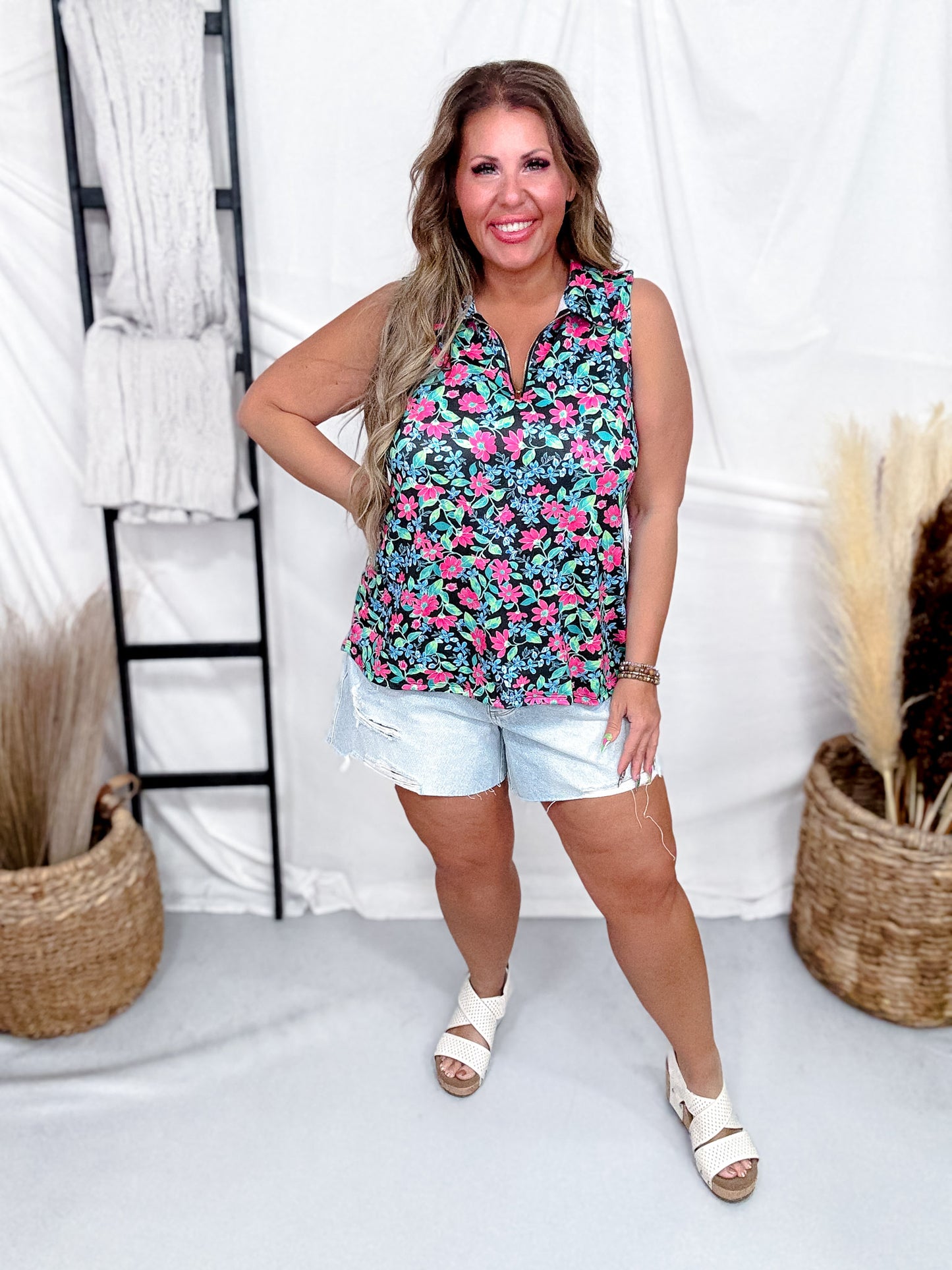 Black Multi Colored Floral Sleeveless Top W/ Front Zipper FINAL SALE