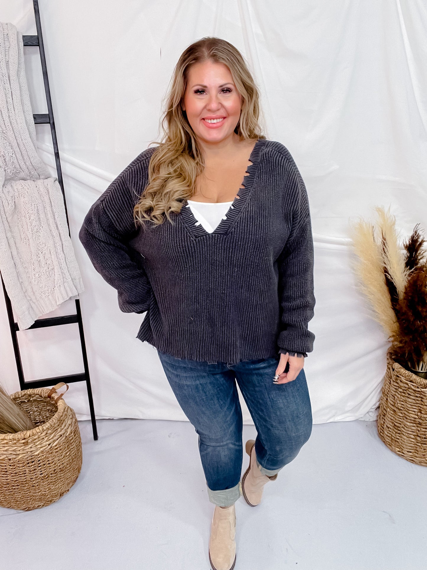 Black Long Sleeve Distressed Sweater