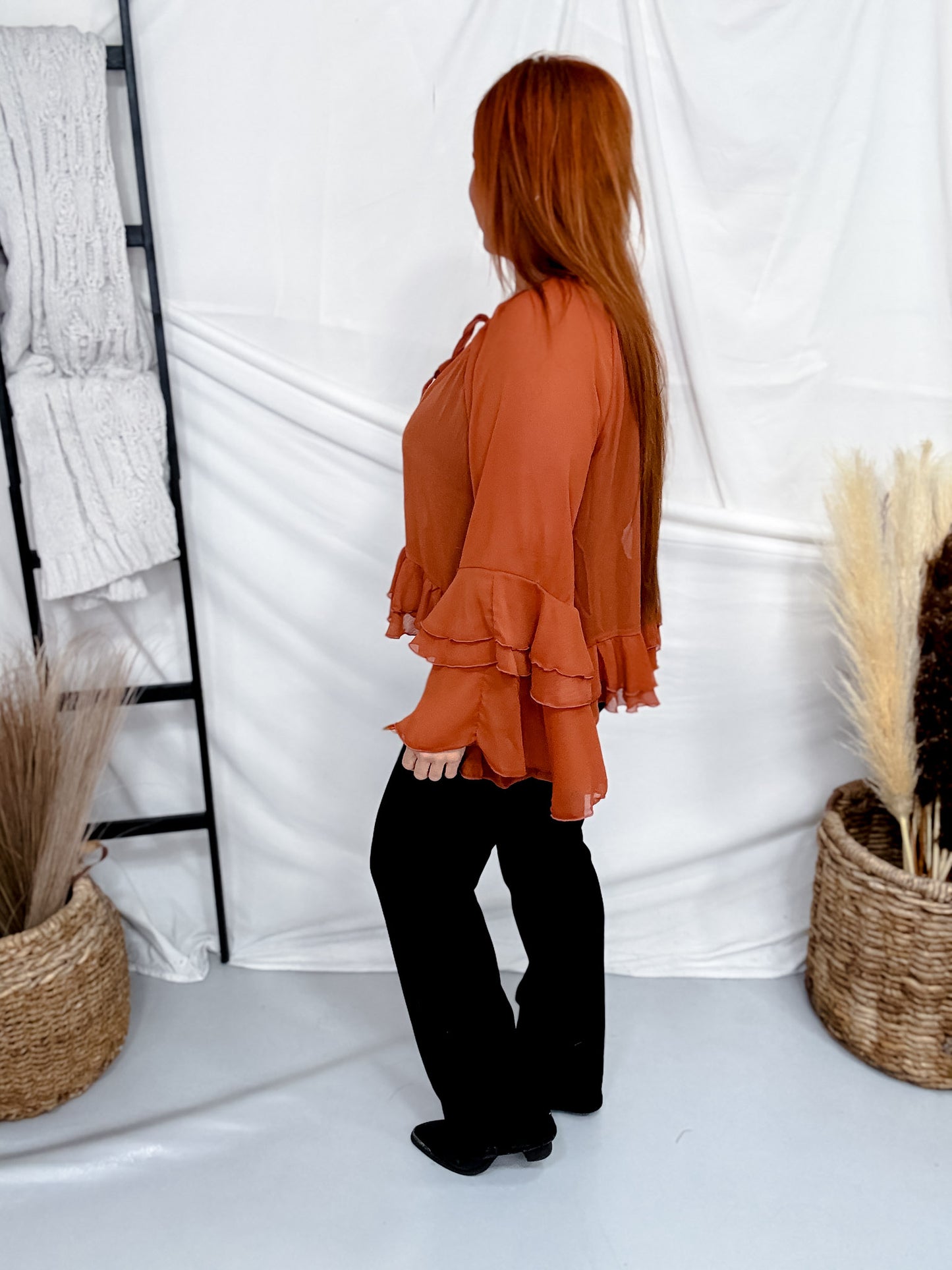 Chiffon Top With Tiered Bell Sleeves In Brick