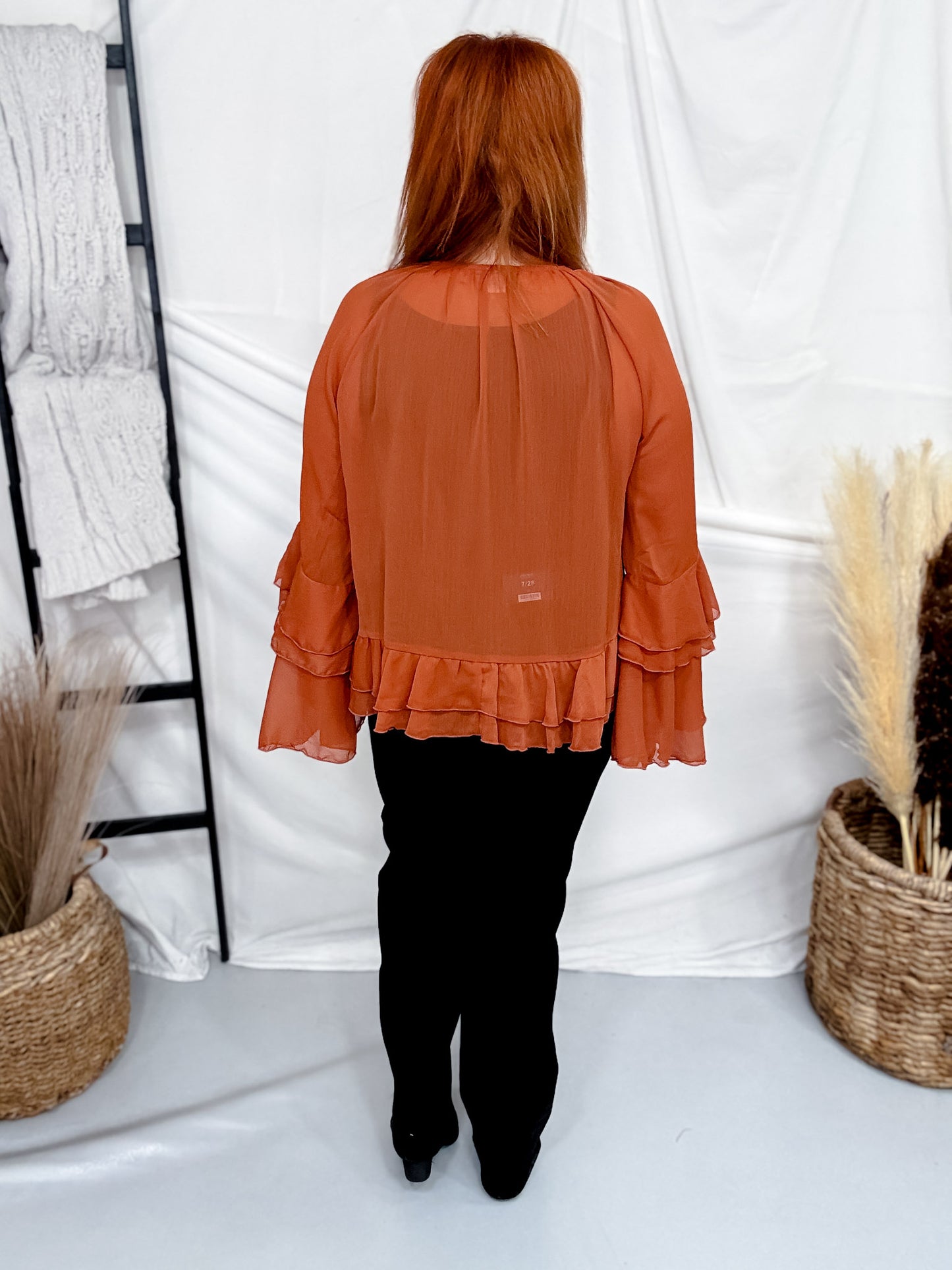 Chiffon Top With Tiered Bell Sleeves In Brick