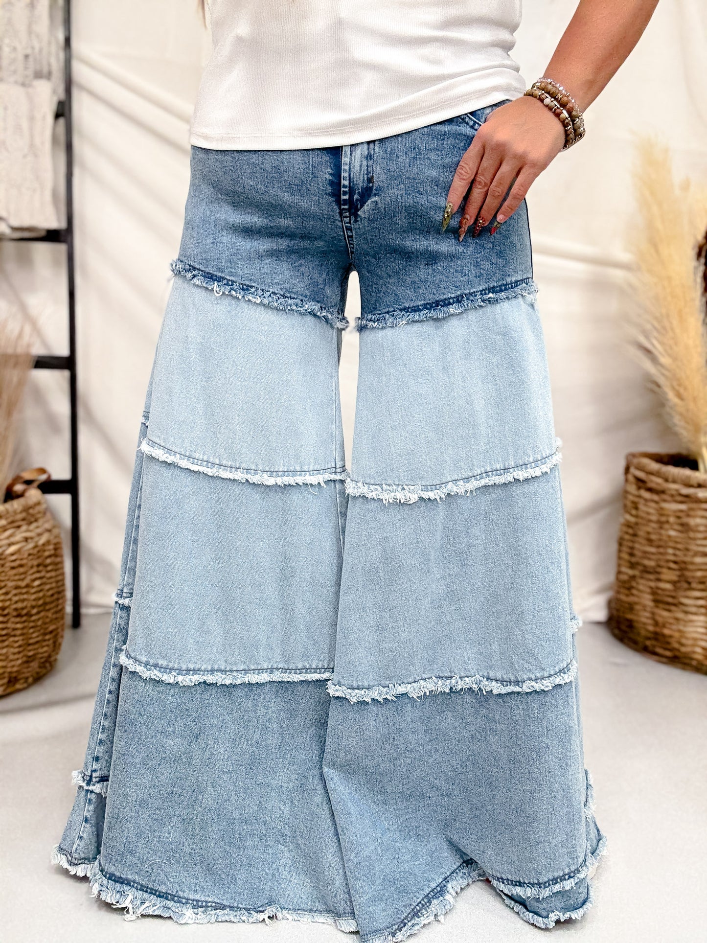 Tiered Contrast Wide Leg Denim Pants
