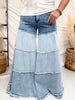 Tiered Contrast Wide Leg Denim Pants