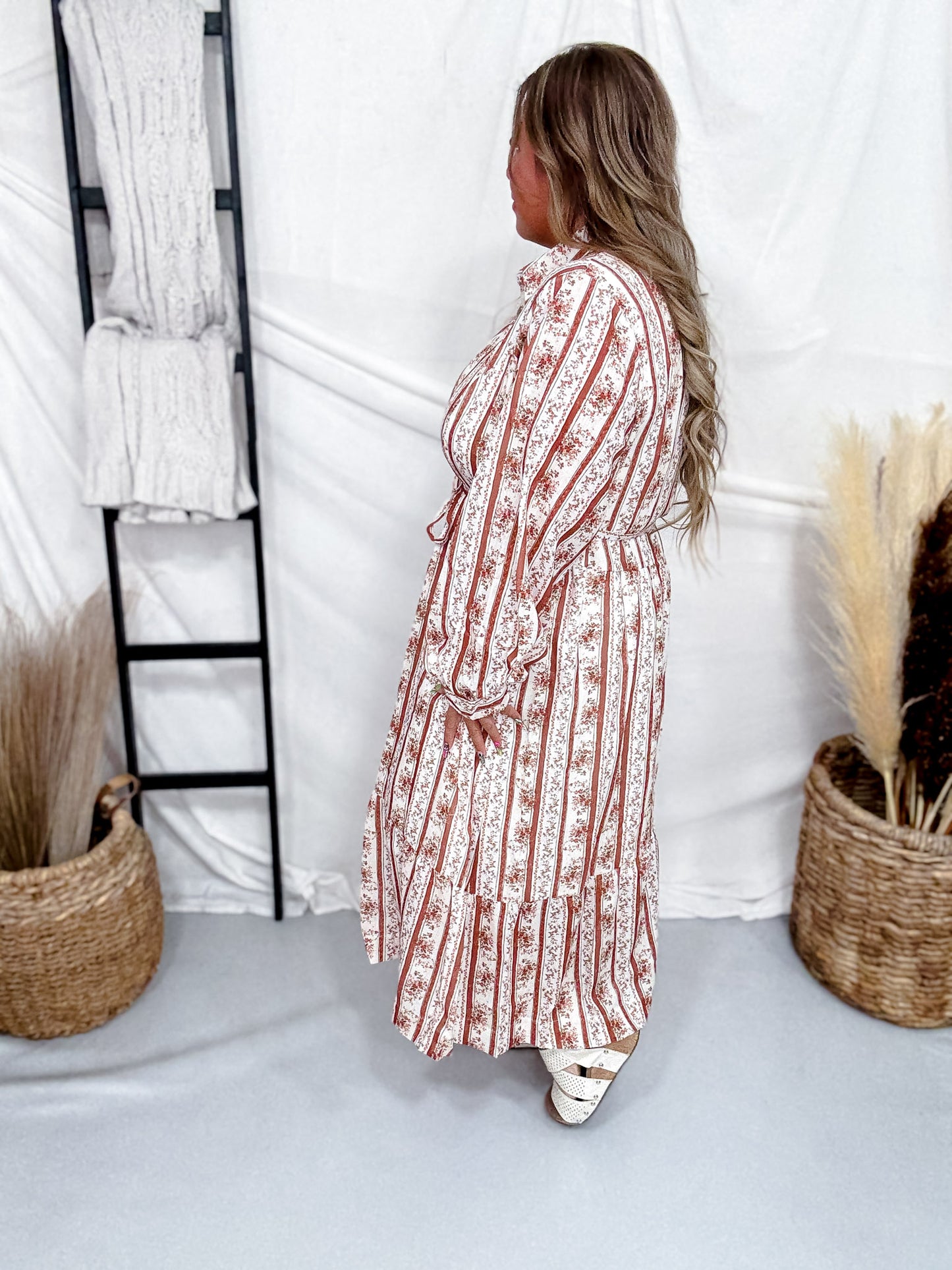 Floral Striped Midi Dress in Brown & White