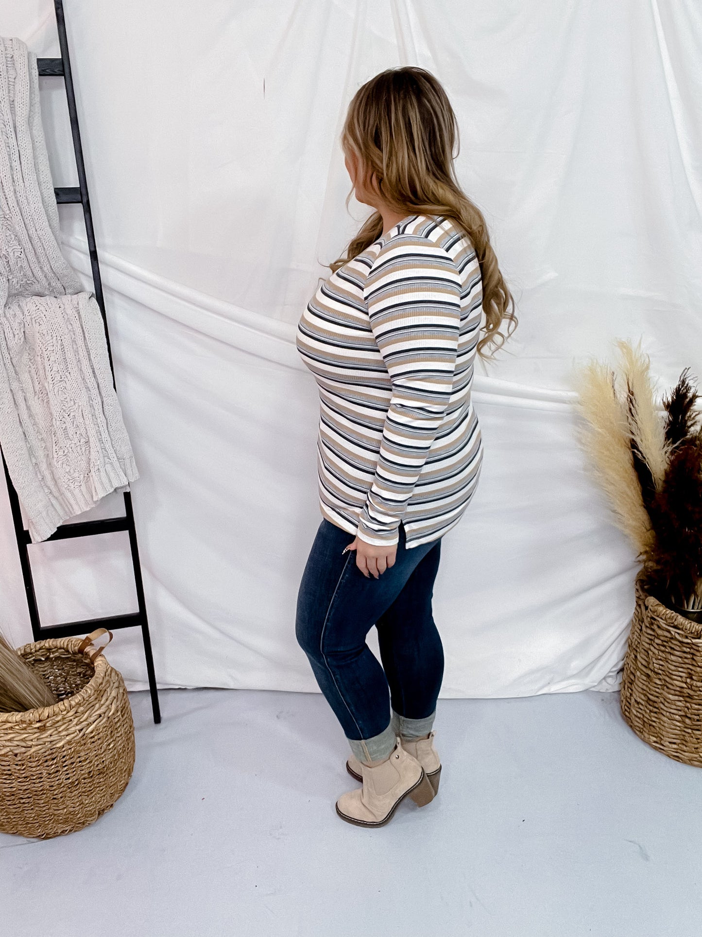 Long Sleeve Striped Knit Top with Thumbholes