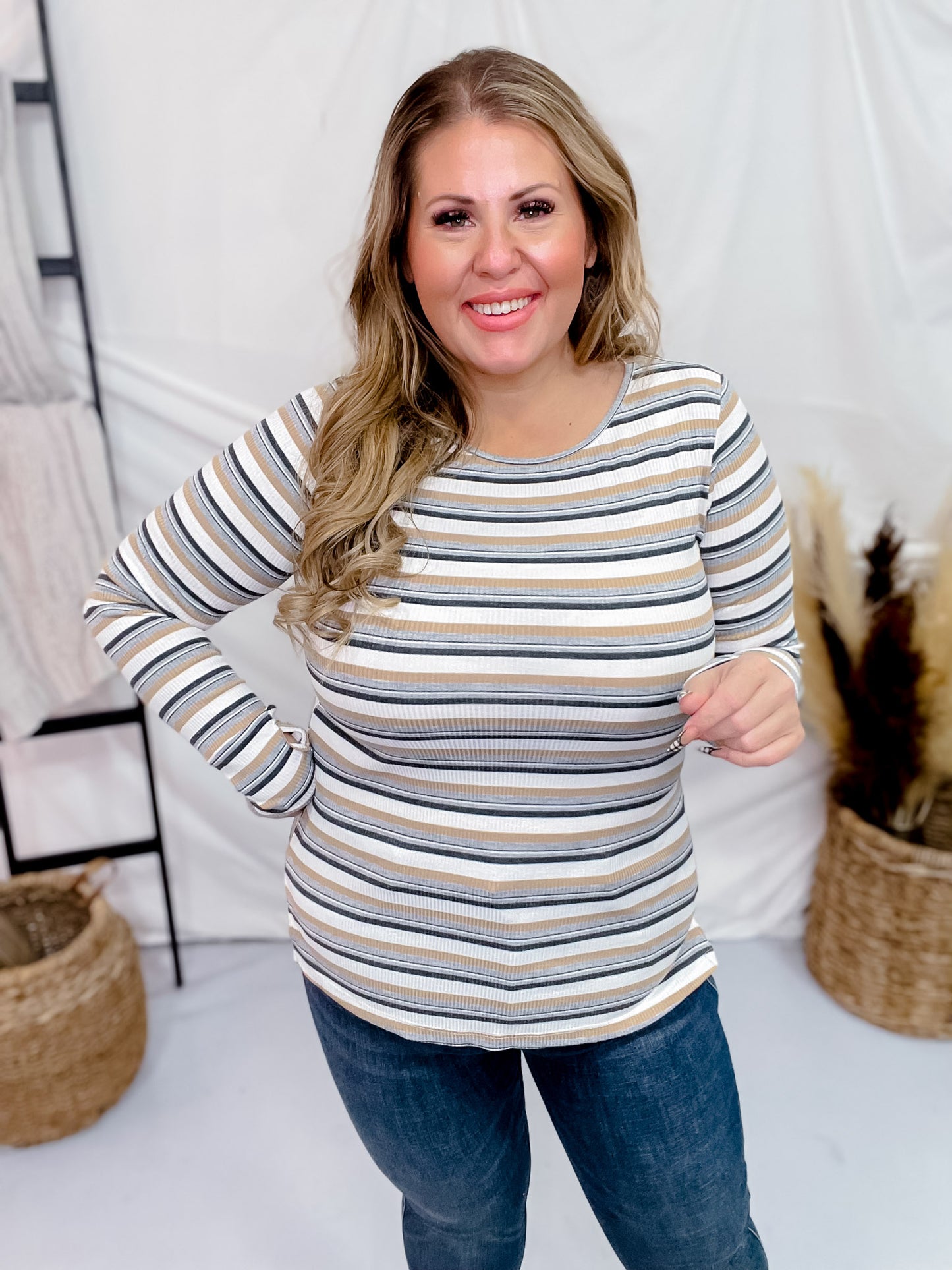 Long Sleeve Striped Knit Top with Thumbholes