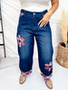 Cropped Wide Leg Jeans With Plaid Cuffs & Flower Patches