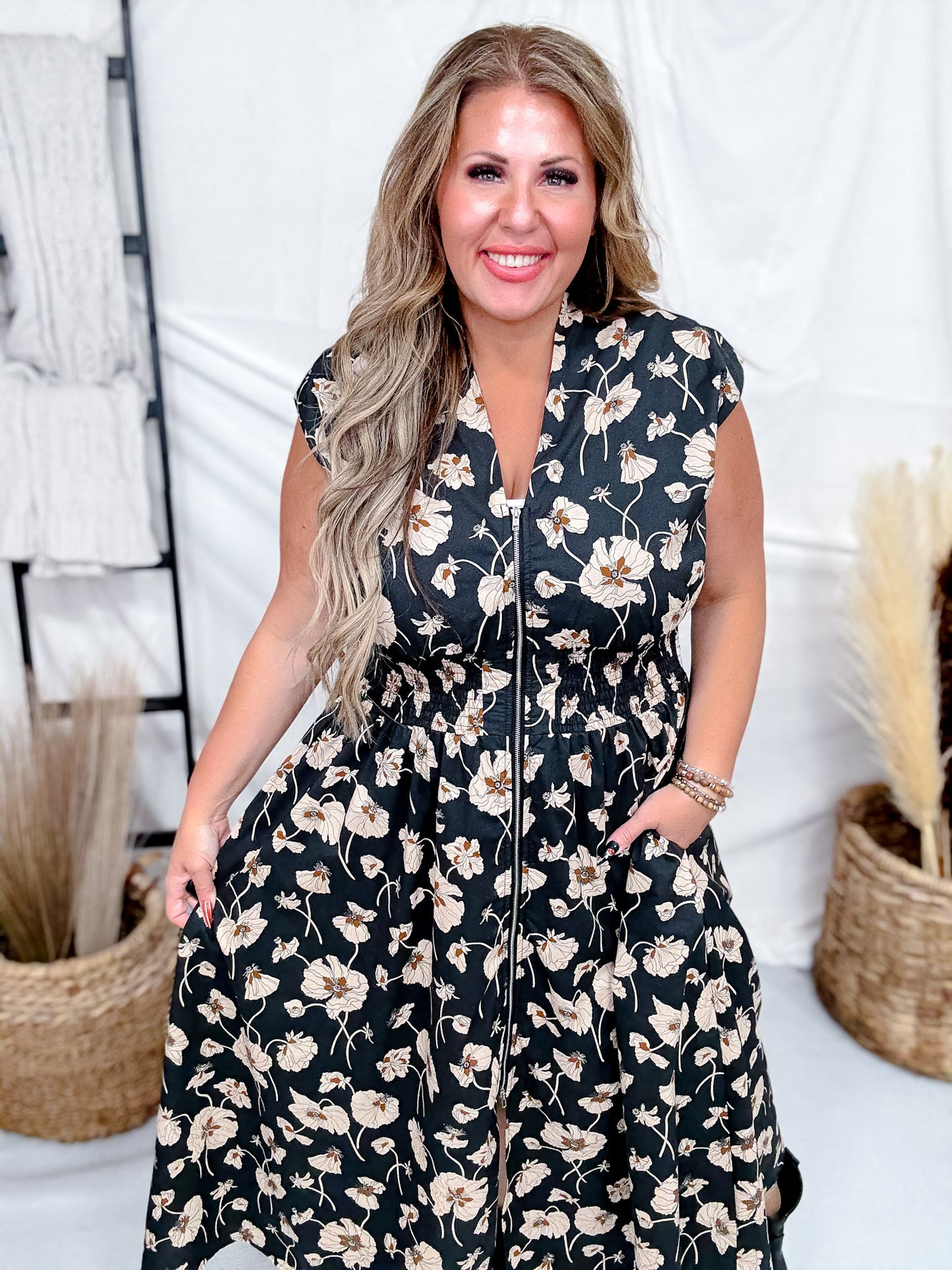 Black Poppy Print Zip Front Midi Dress