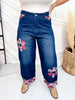 Cropped Wide Leg Jeans With Plaid Cuffs & Flower Patches