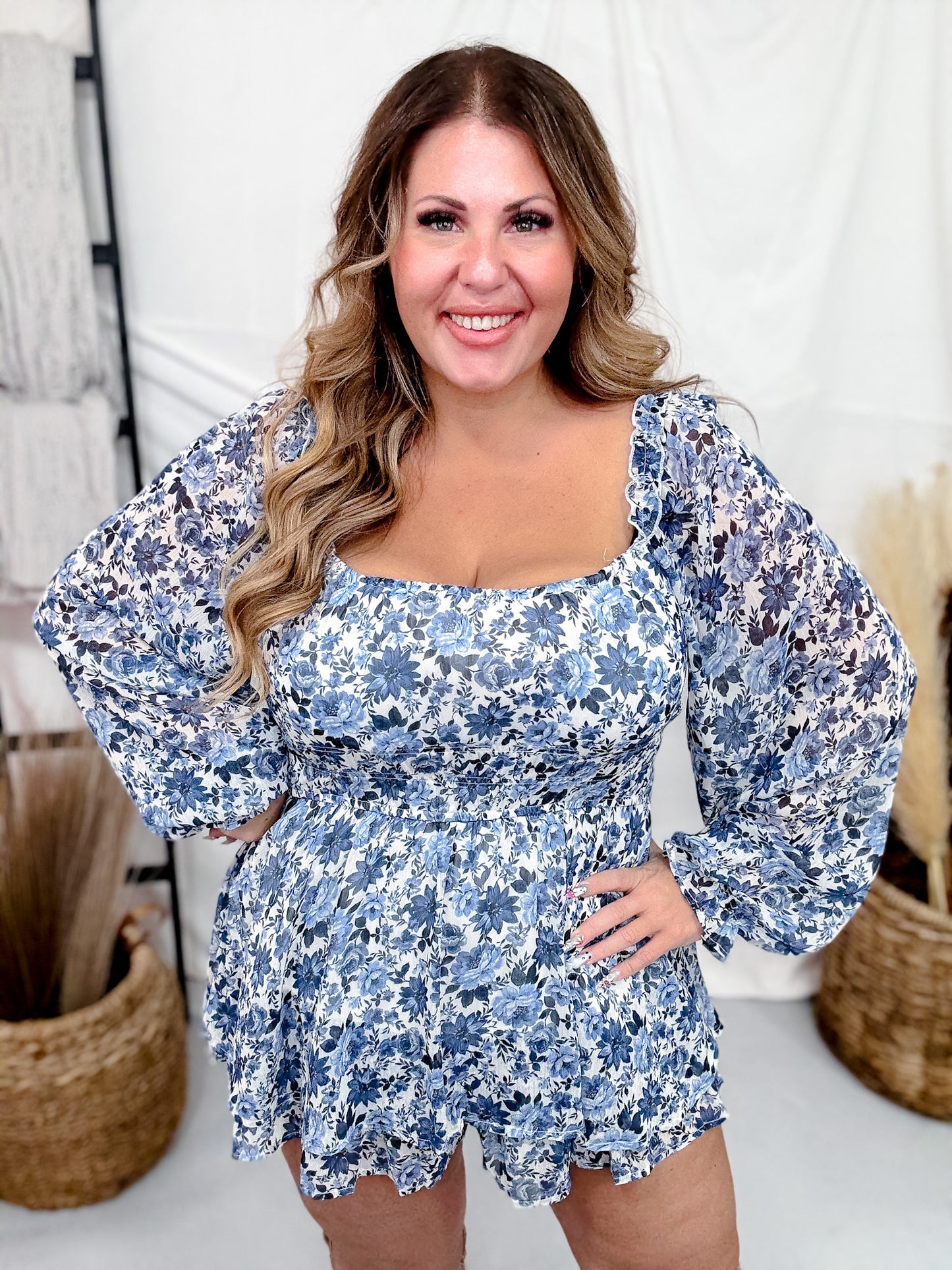 Blue Floral Long Sleeve Romper With Square Neckline