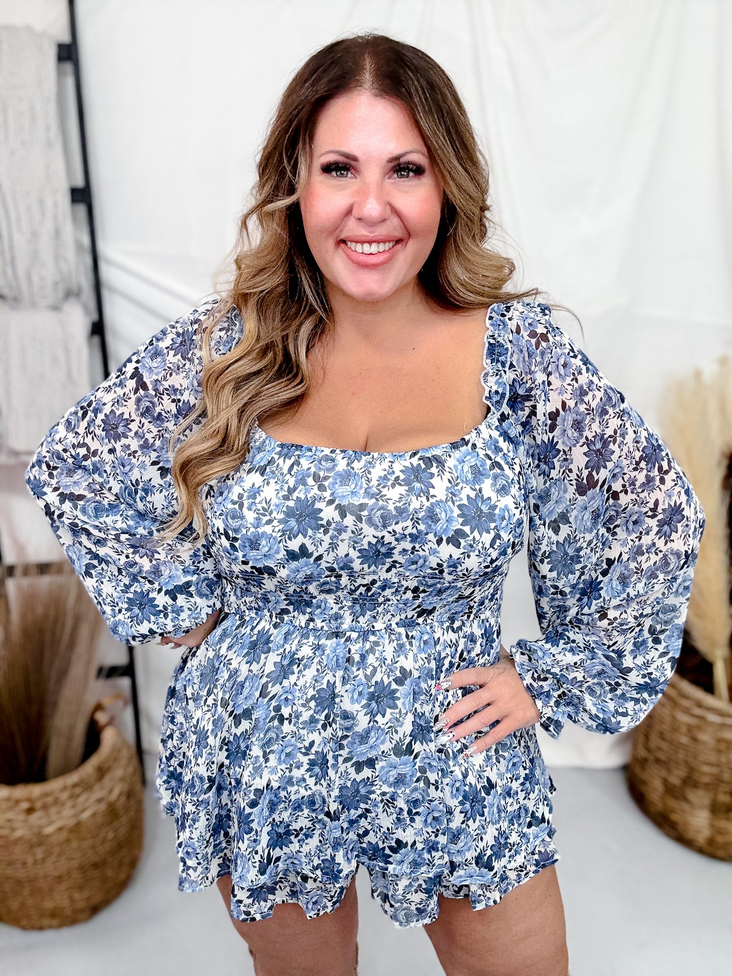 Blue Floral Long Sleeve Romper With Square Neckline - Whiskey Skies Blue Floral Long Sleeve Romper With Square Neckline - Whiskey Skies
