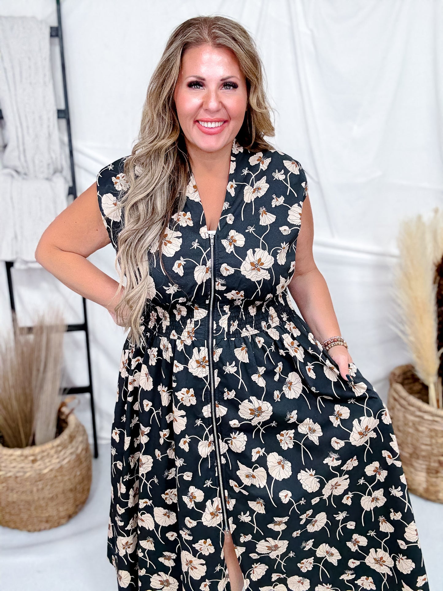 Black Poppy Print Zip Front Midi Dress