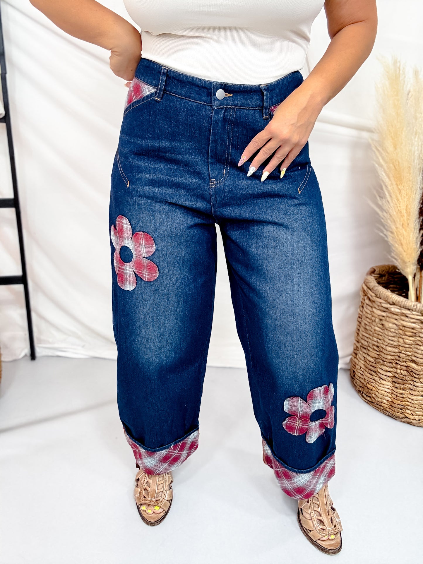 Cropped Wide Leg Jeans With Plaid Cuffs & Flower Patches