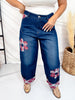 Cropped Wide Leg Jeans With Plaid Cuffs & Flower Patches