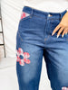 Cropped Wide Leg Jeans With Plaid Cuffs & Flower Patches