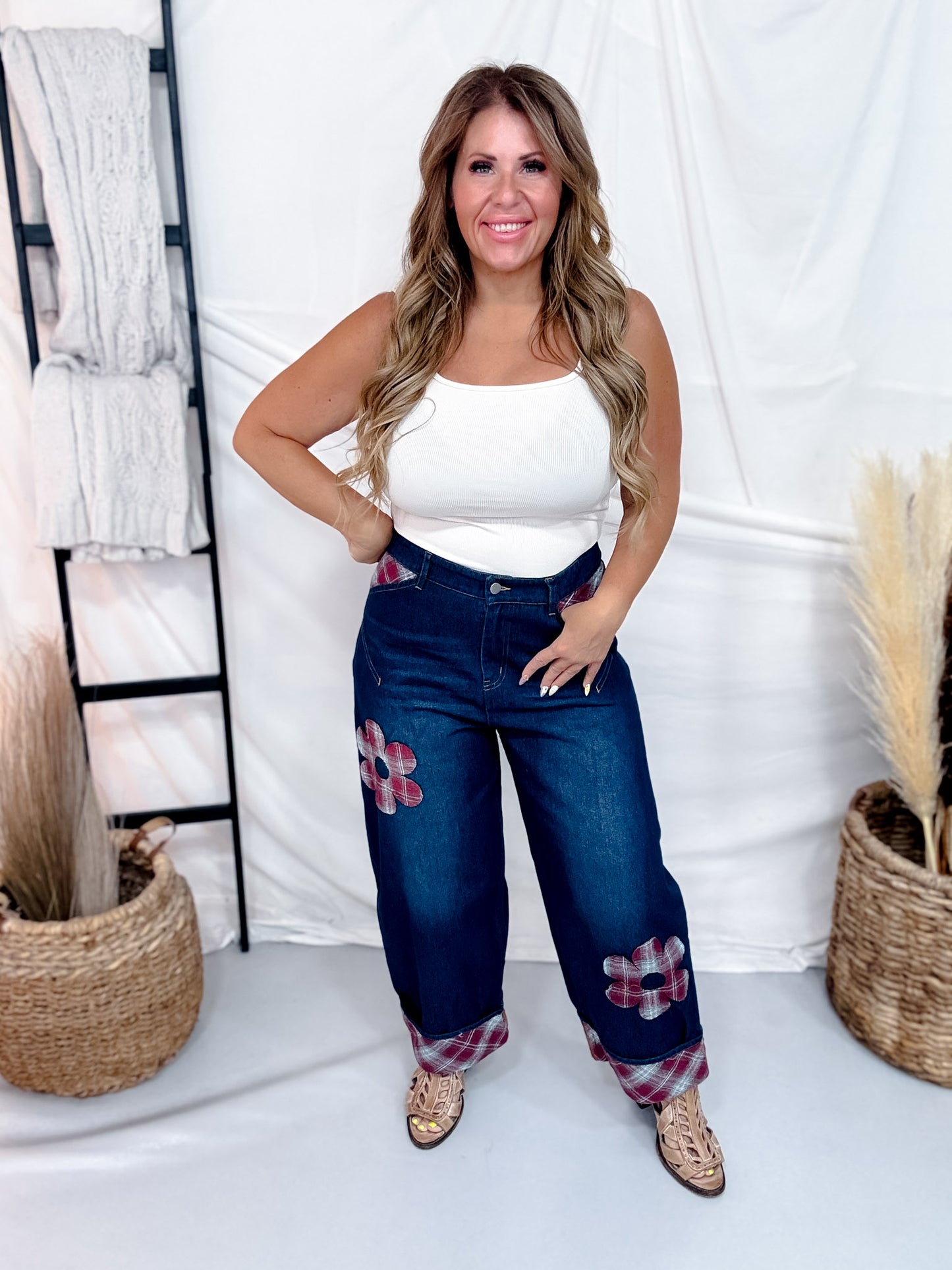 Cropped Wide Leg Jeans With Plaid Cuffs & Flower Patches