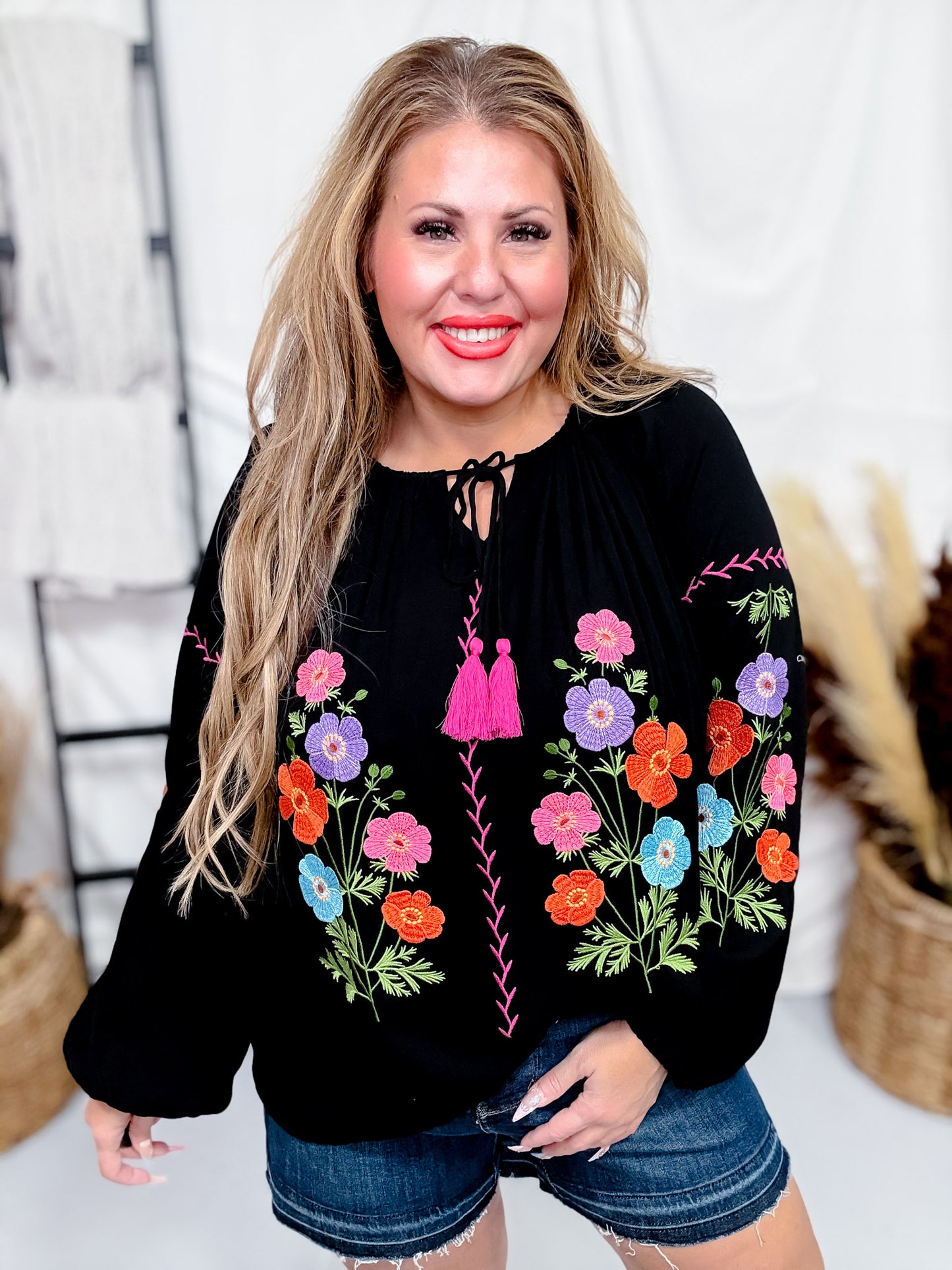 Floral Embroidered Black Babydoll Top