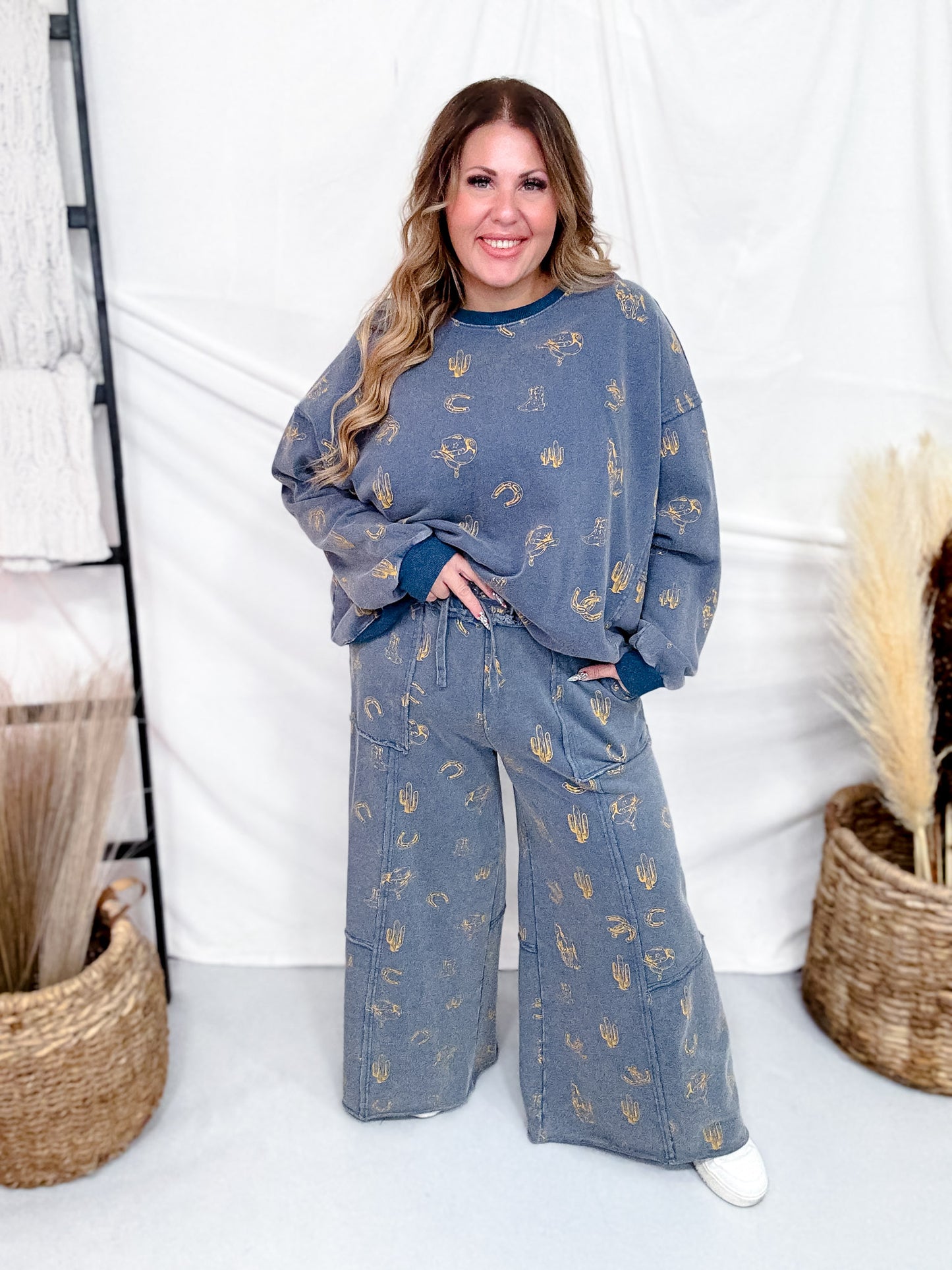 Western Print Washed Terry Drawstring Waist Pants