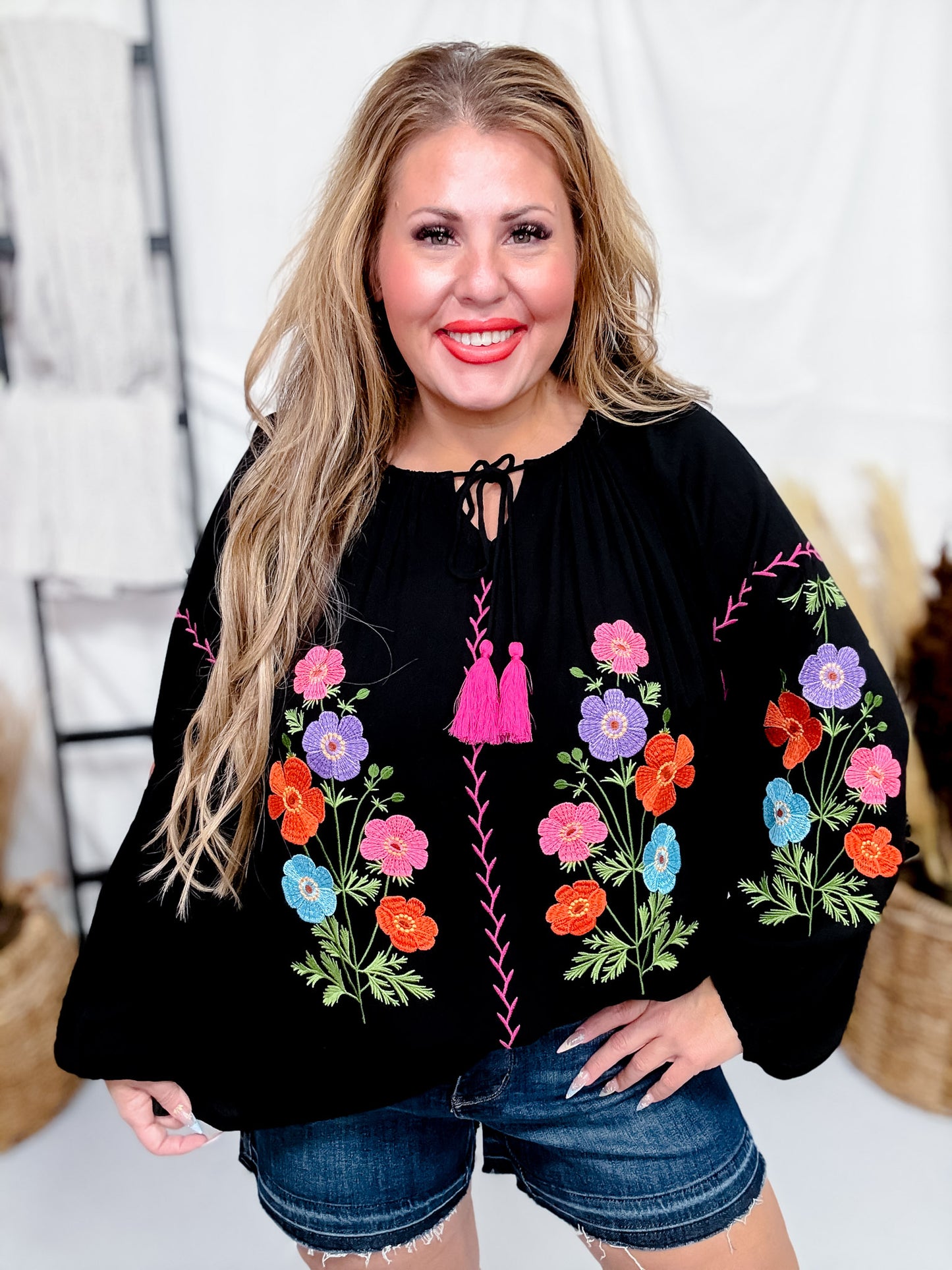 Floral Embroidered Black Babydoll Top