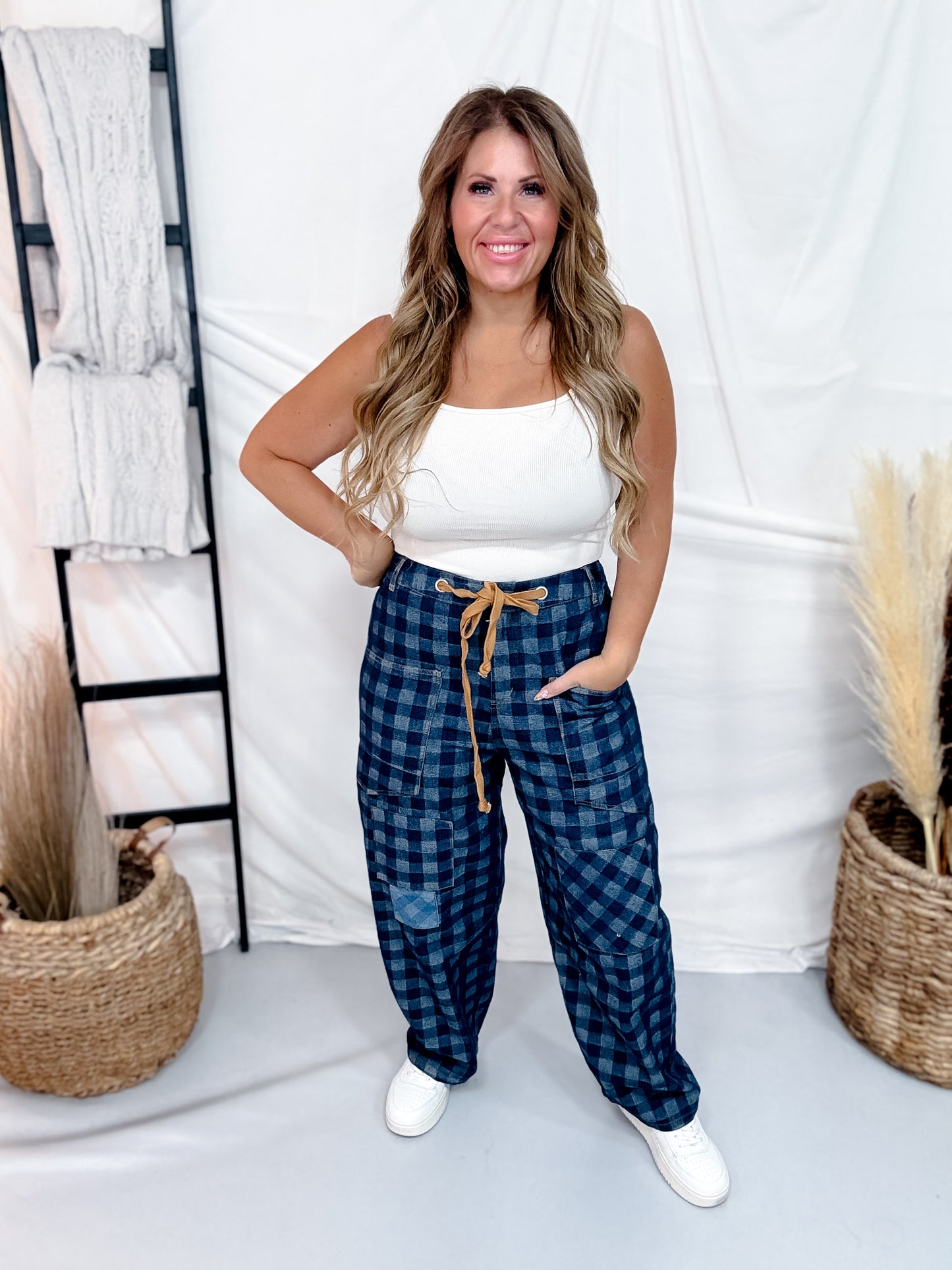 Checkered Patchwork Jeans With Drawstring Waist
