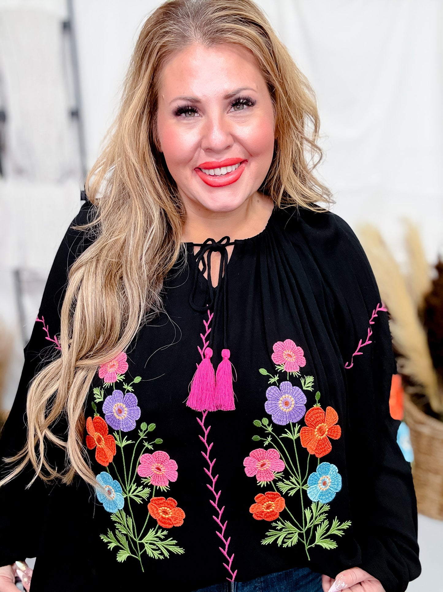 Floral Embroidered Black Babydoll Top