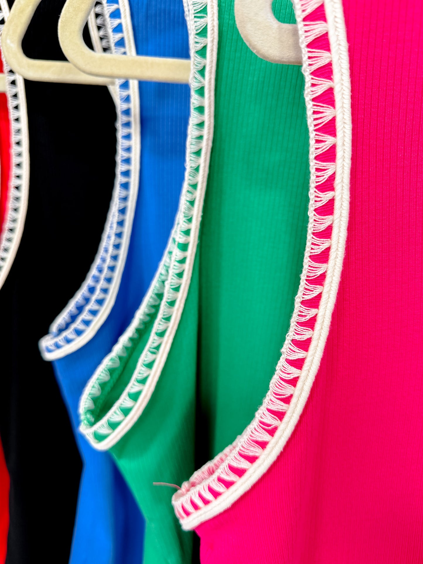 Solid Whisper V-Neck Tank Top W/ Embroidered Neckline & Sleeves (8 Colors)