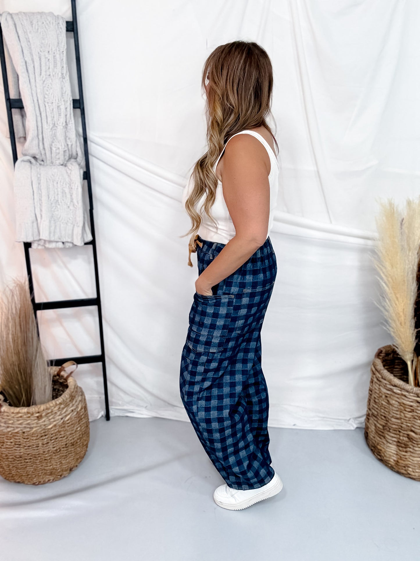 Checkered Patchwork Jeans With Drawstring Waist