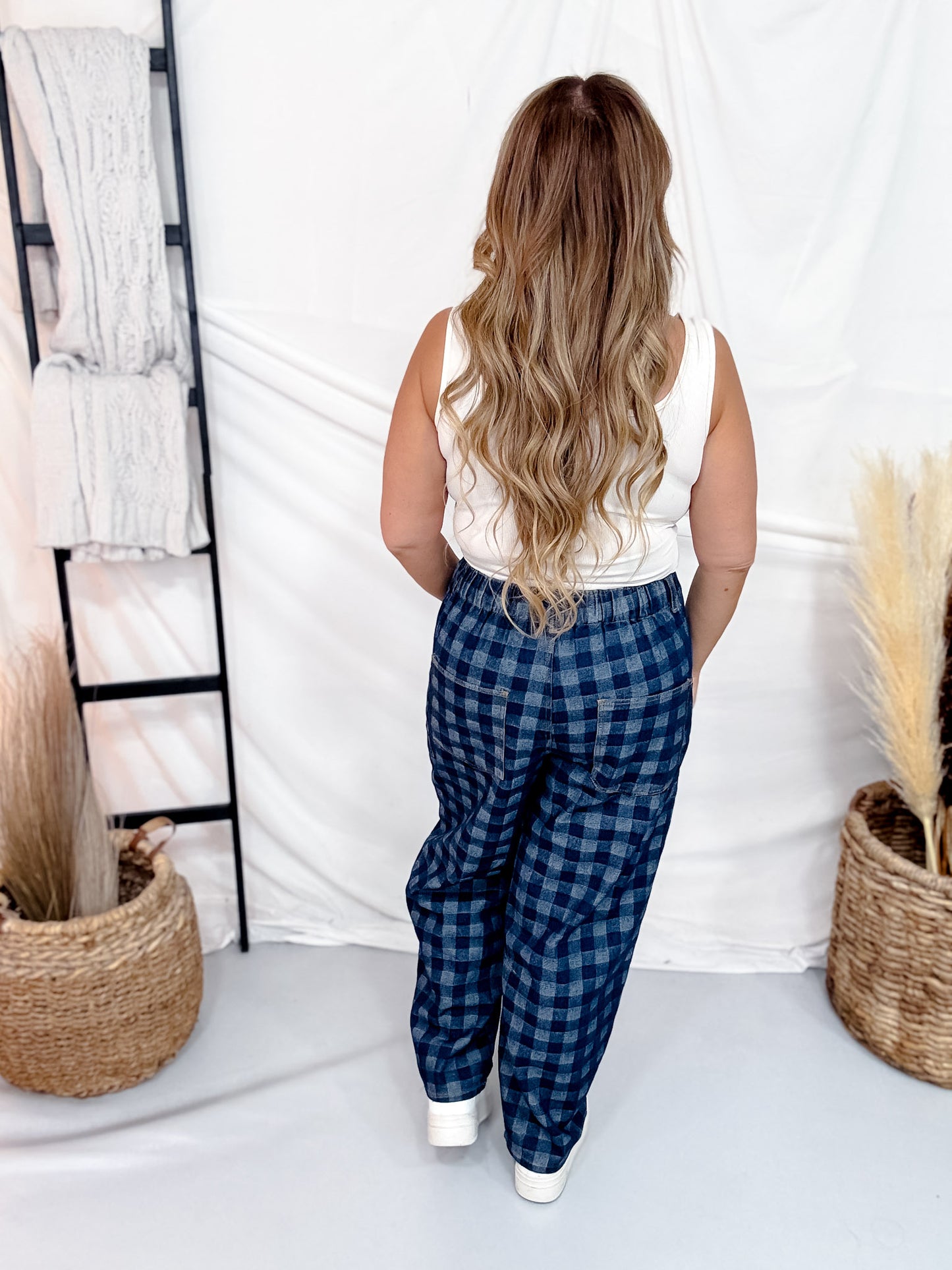 Checkered Patchwork Jeans With Drawstring Waist