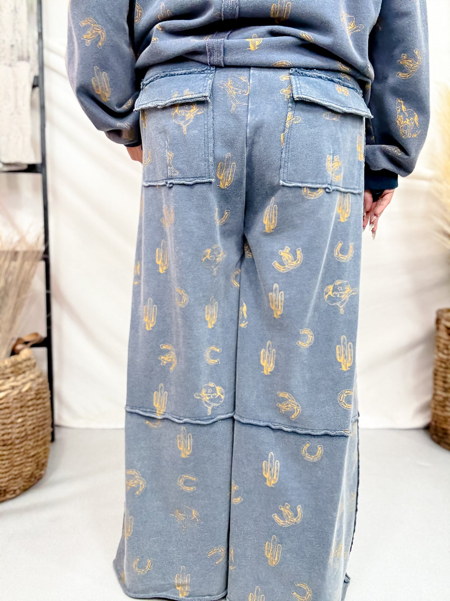 Western Print Washed Terry Drawstring Waist Pants