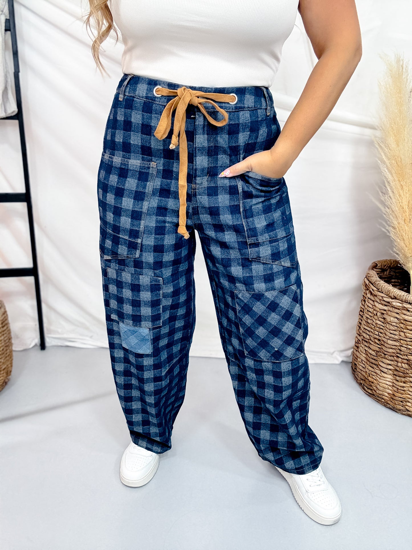 Checkered Patchwork Jeans With Drawstring Waist