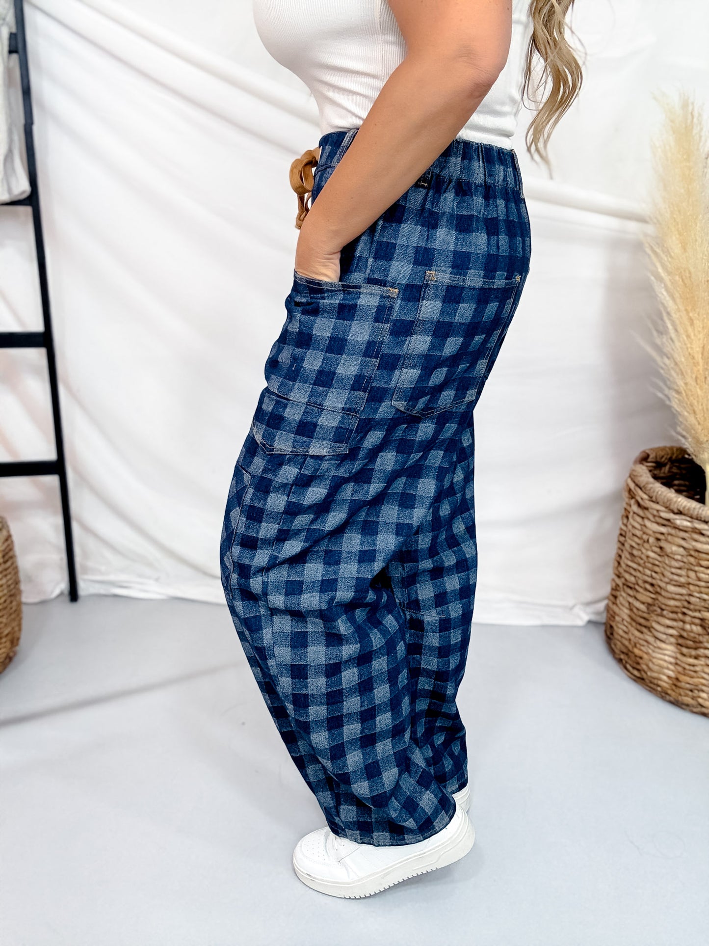 Checkered Patchwork Jeans With Drawstring Waist