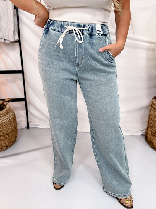 Judy Blue High Waist Knit Indigo Baggy Jeans W/ Drawstring