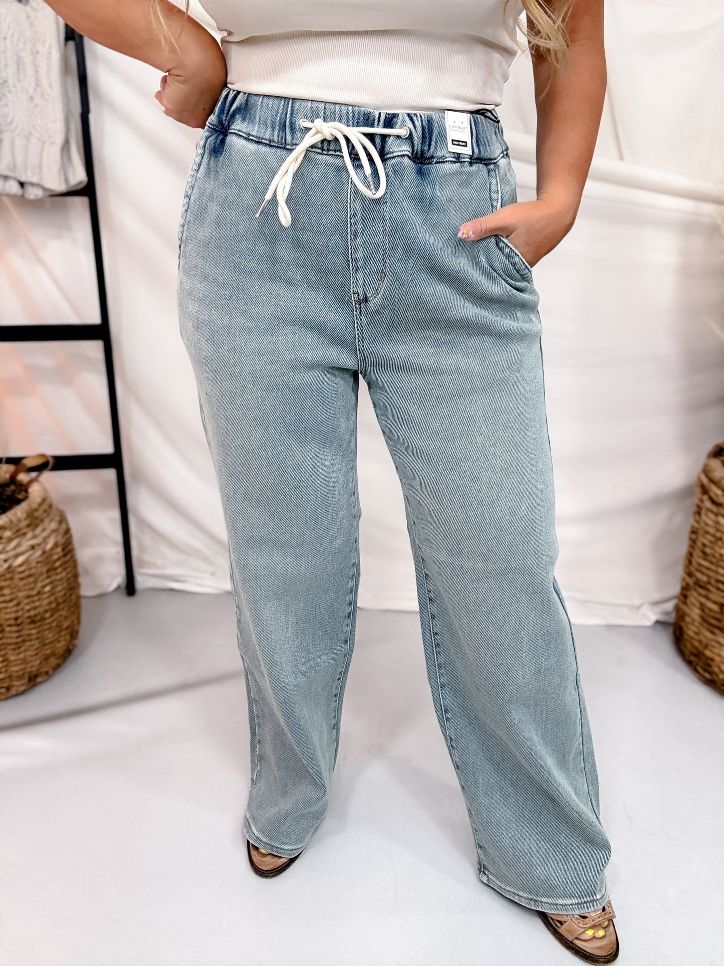 Judy Blue High Waist Knit Indigo Baggy Jeans W/ Drawstring