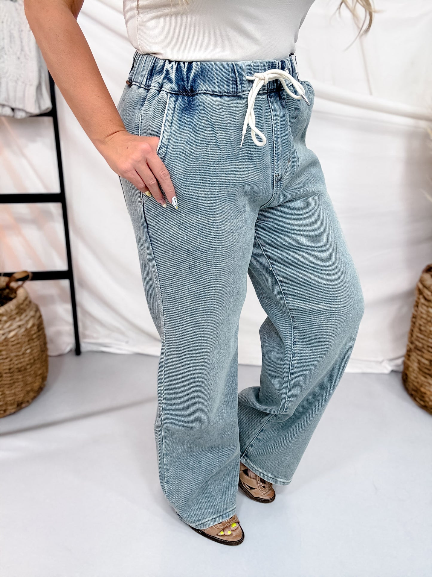 Judy Blue High Waist Knit Indigo Baggy Jeans W/ Drawstring