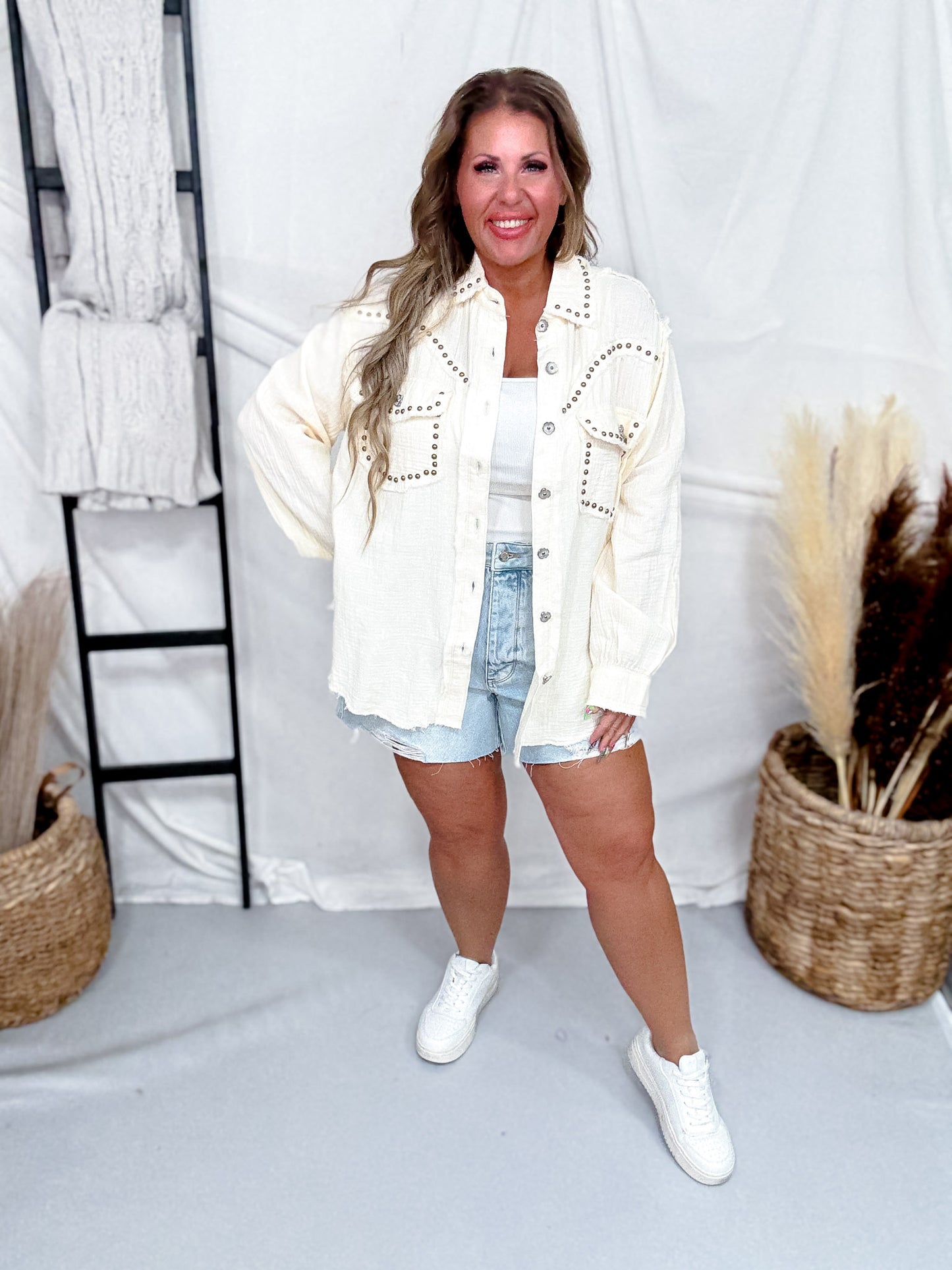 Long Sleeve Natural Button Down Top W/ Studding Details