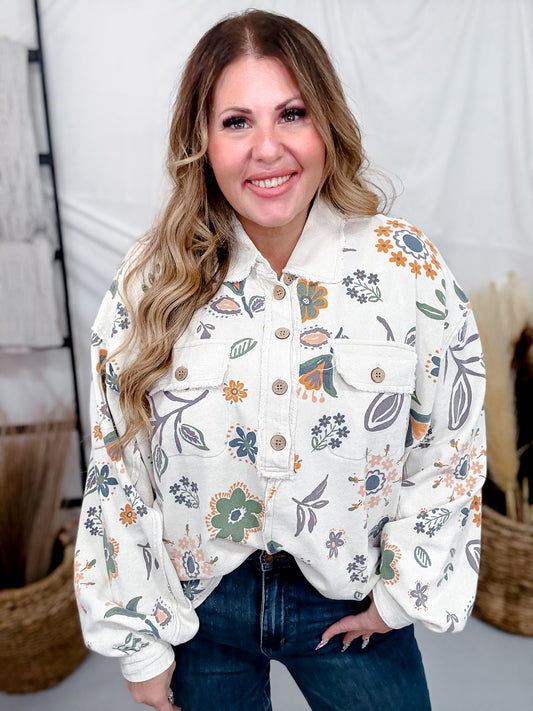 Floral Print Washed Terry Half Button Down Shirt