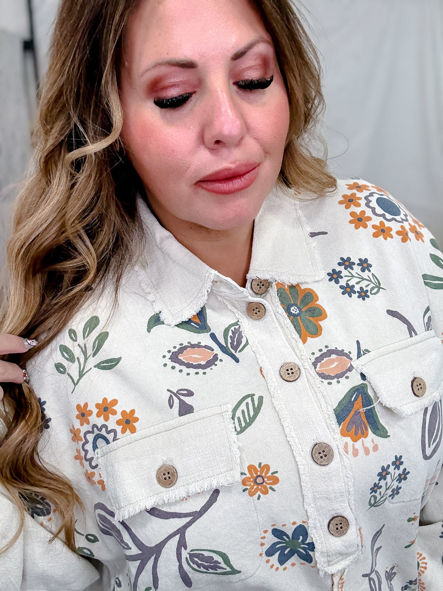 Floral Print Washed Terry Half Button Down Shirt