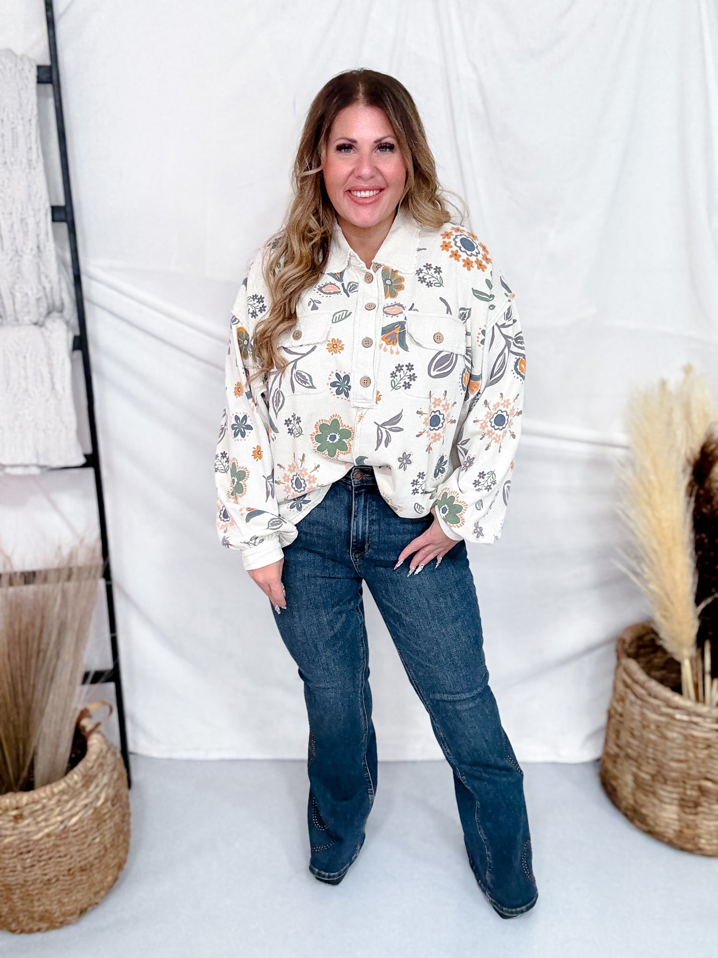 Floral Print Washed Terry Half Button Down Shirt