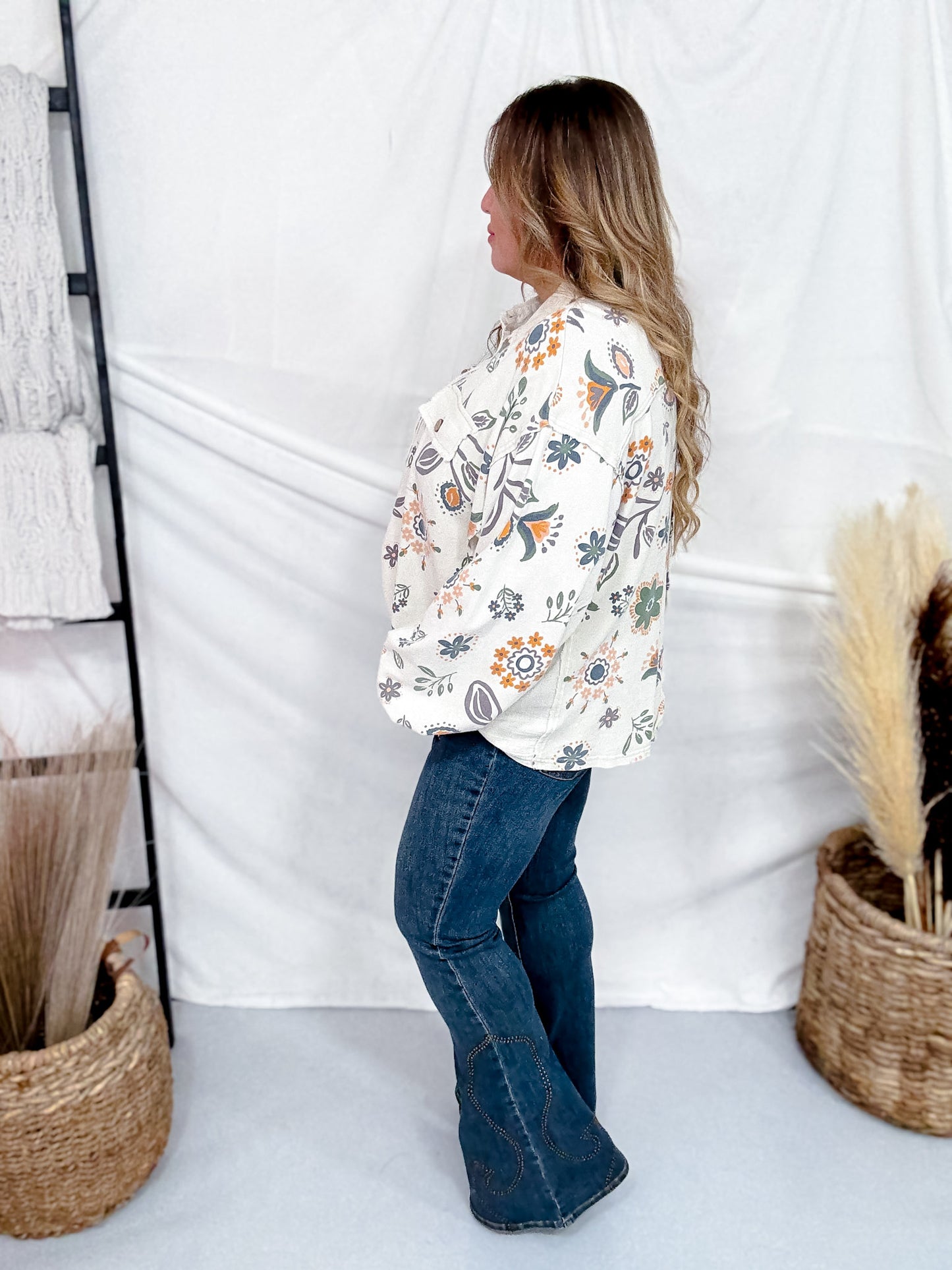 Floral Print Washed Terry Half Button Down Shirt