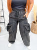 Black Washed Elastic Waist String Point Big Pocket Trousers