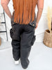 Black Washed Elastic Waist String Point Big Pocket Trousers