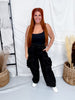 Black Washed Elastic Waist String Point Big Pocket Trousers