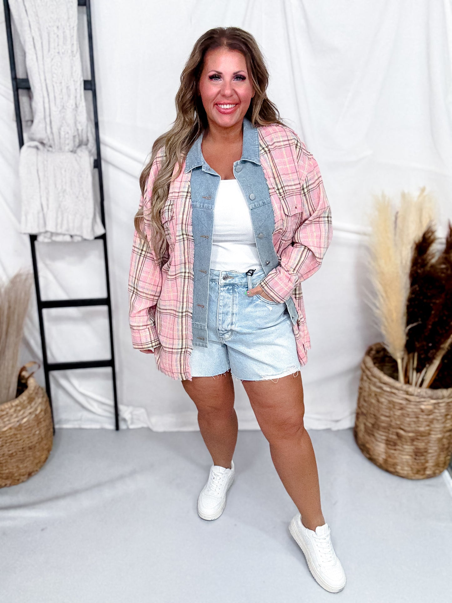 Pink Plaid Hi-Lo Flannel with Denim Collar FINAL SALE