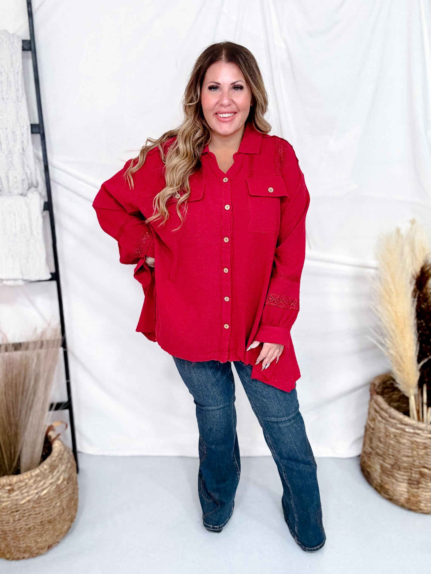 Red Wine Cotton Gauze Top With Crochet Detailing