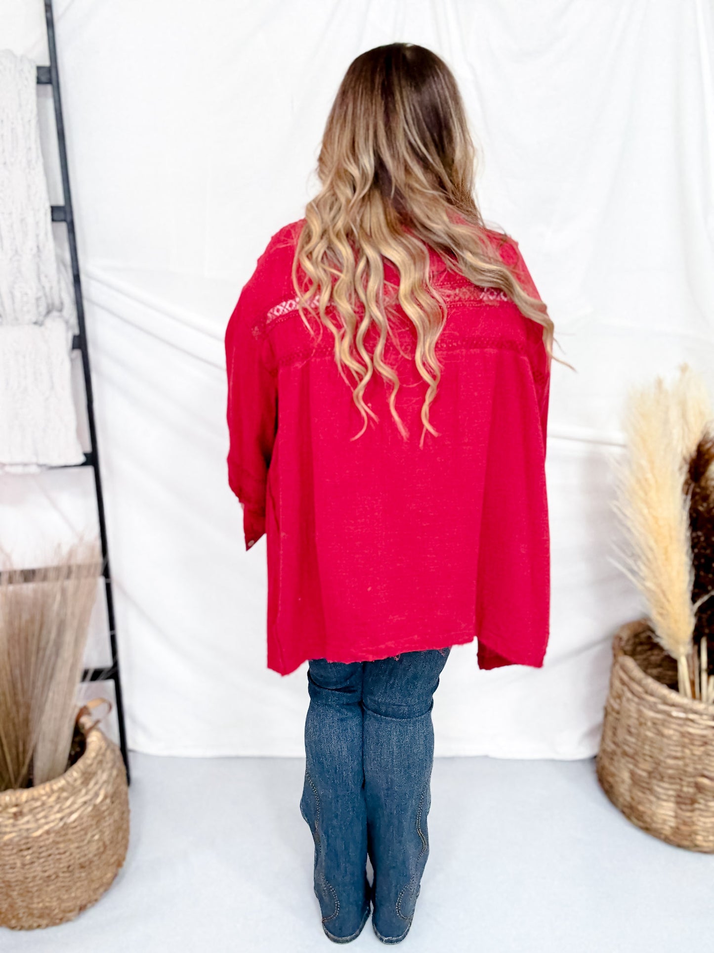 Red Wine Cotton Gauze Top With Crochet Detailing