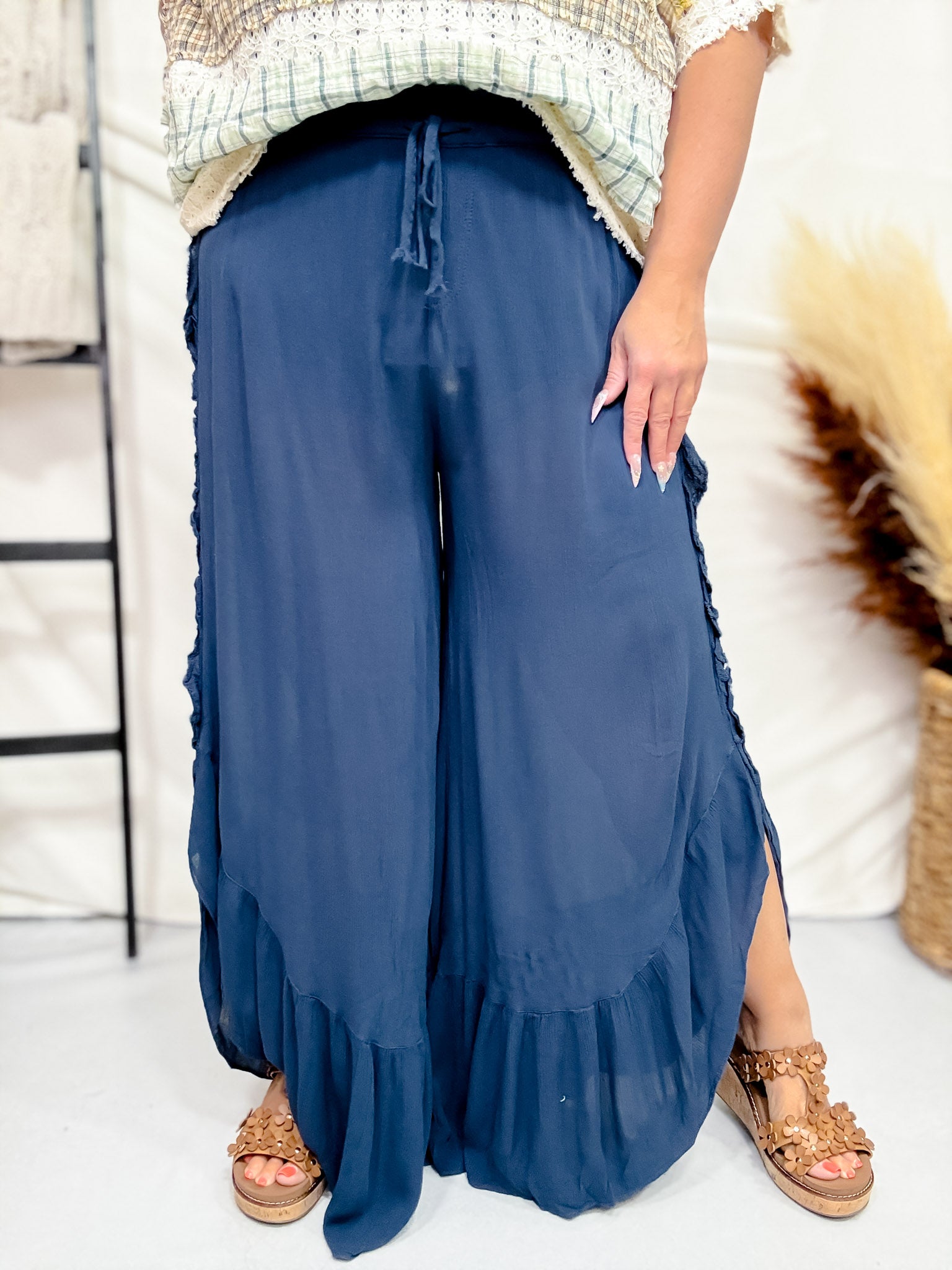 ★ PISCESS★ Lace Long Nylon Pants Navy 5007216780 Sunny Days Navy Wide-Leg Linen Pants – Casa de fashion