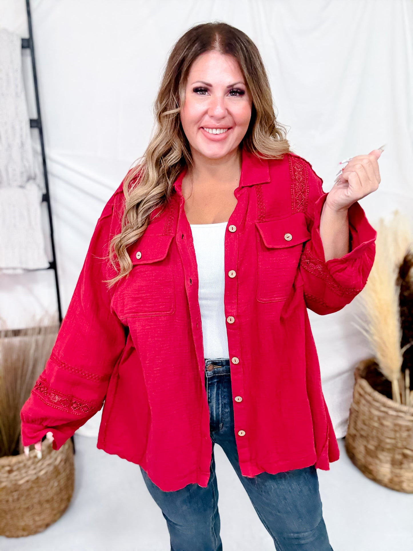 Red Wine Cotton Gauze Top With Crochet Detailing