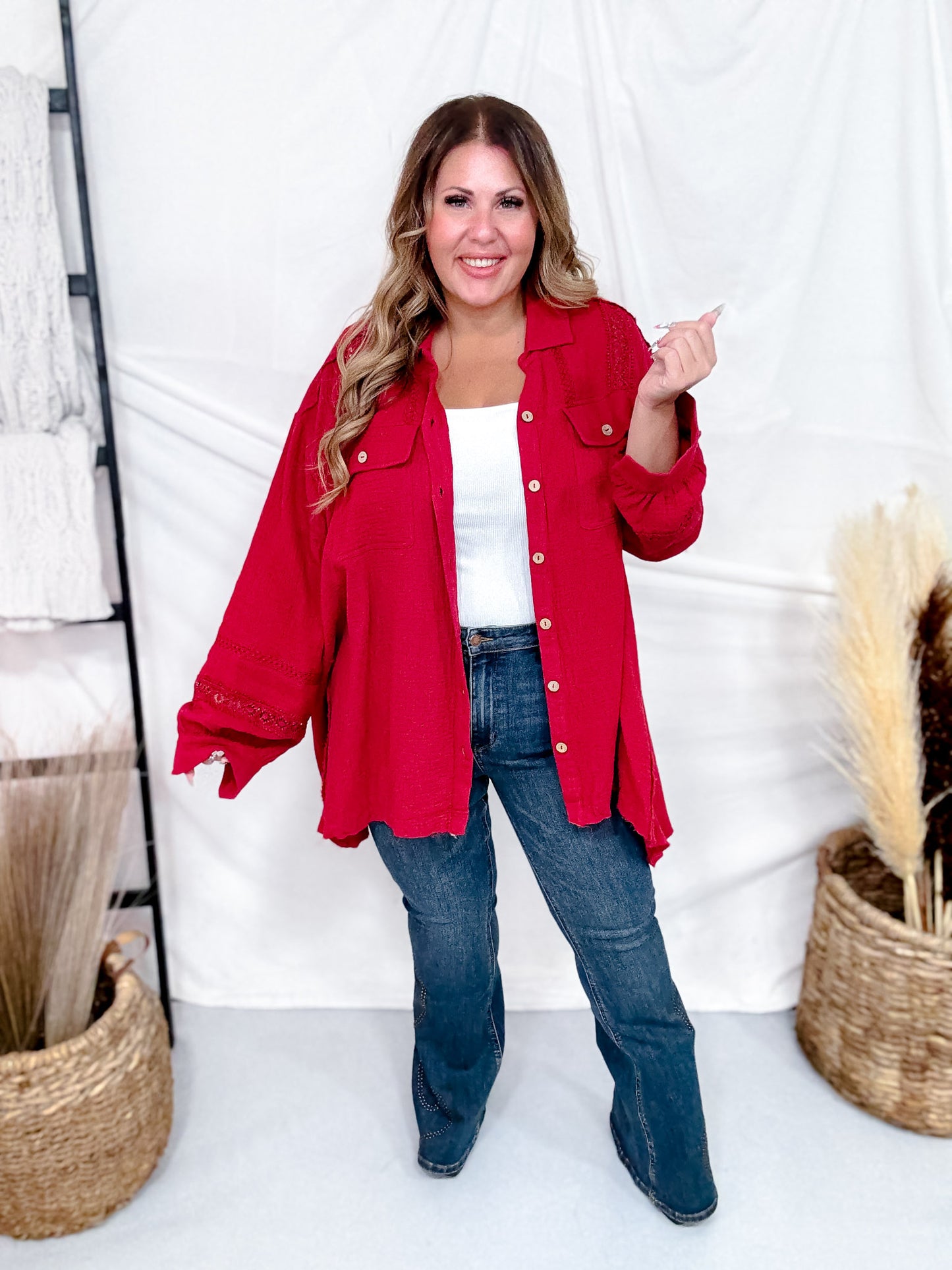 Red Wine Cotton Gauze Top With Crochet Detailing