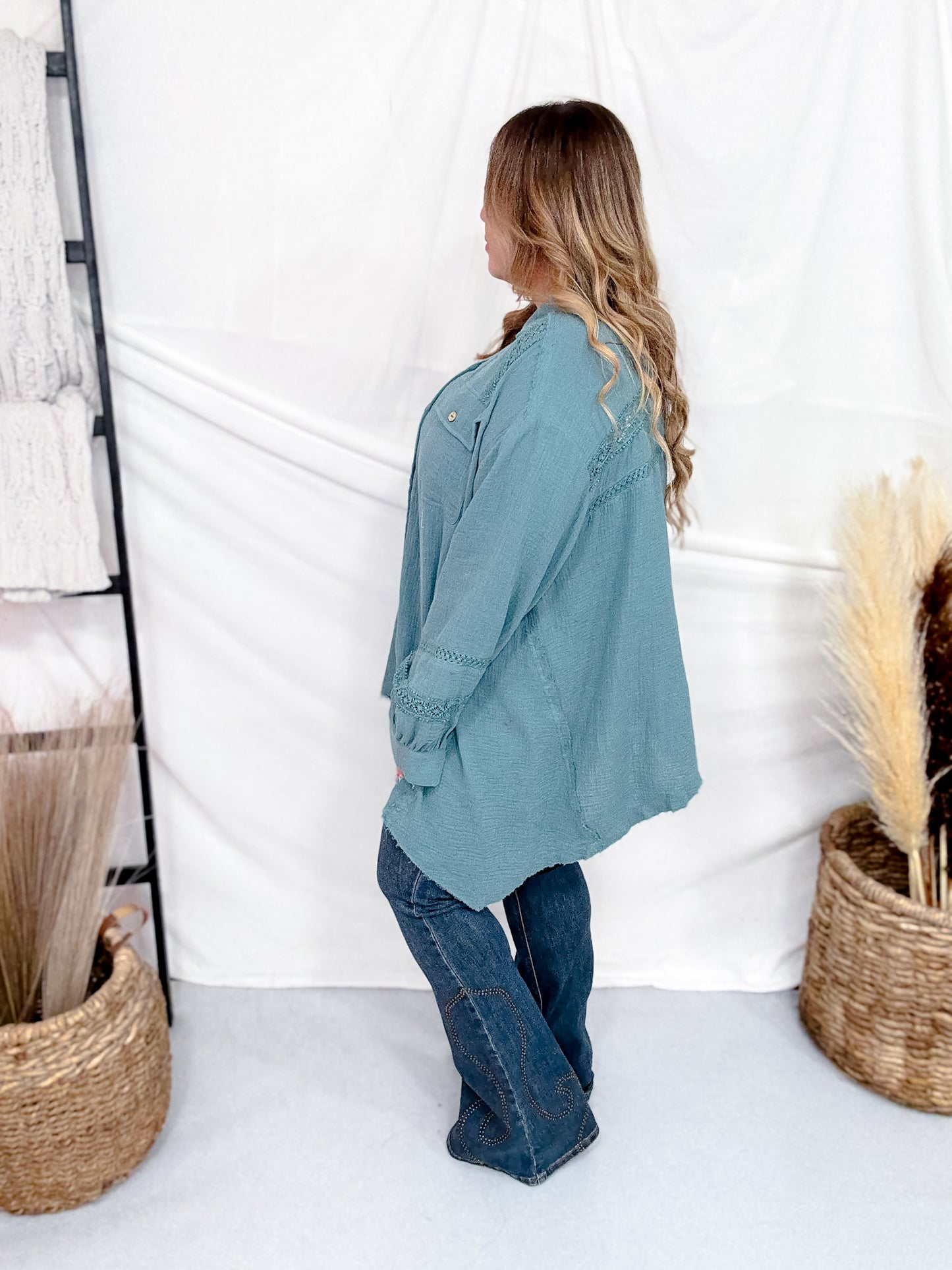 Teal Cotton Gauze Top With Crochet Detailing