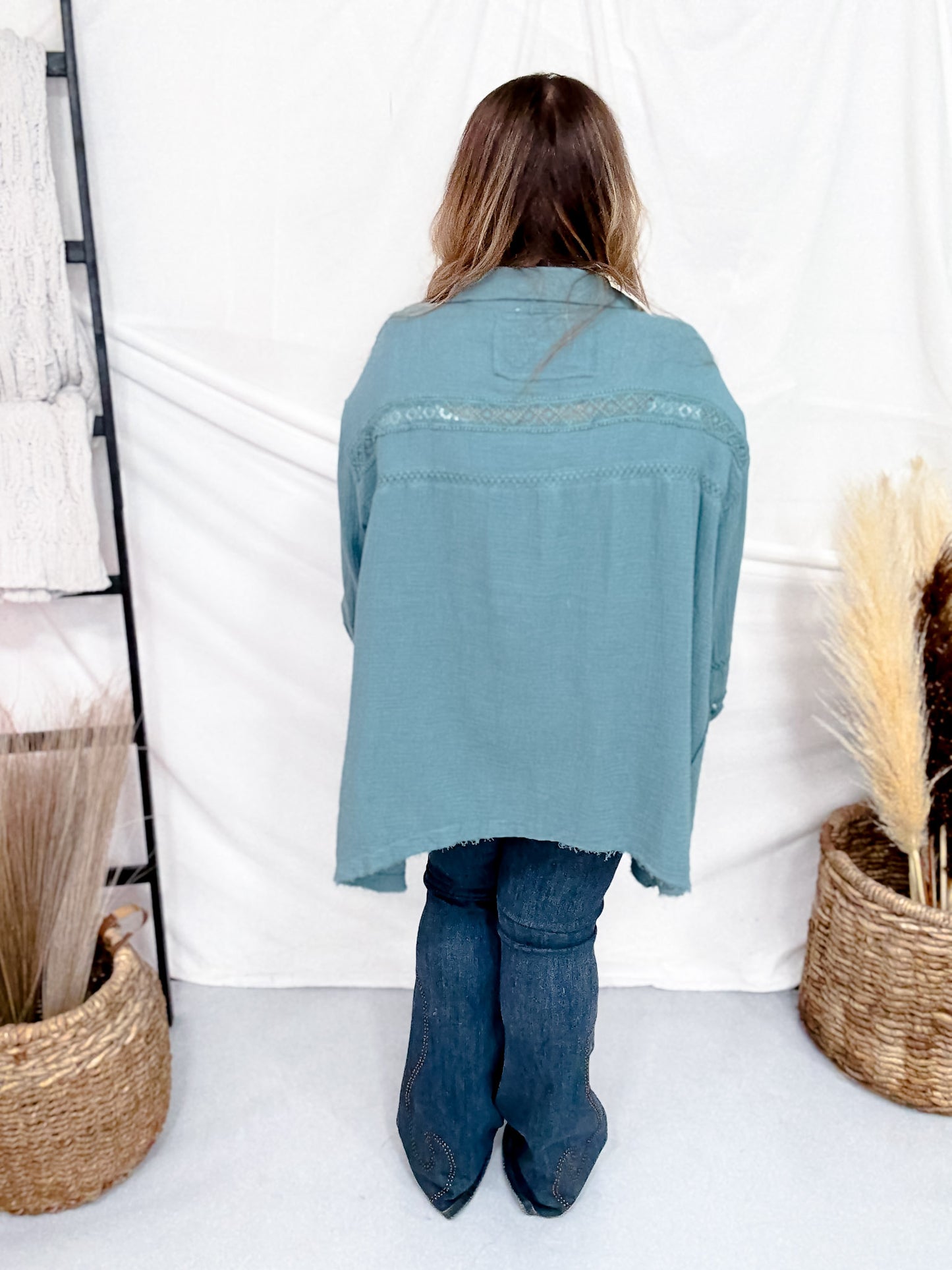 Teal Cotton Gauze Top With Crochet Detailing